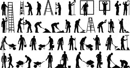 Silhouette construction workers using ladders, wheelbarrows, shovels and tools, teamwork labor scenes, building maintenance, repair tasks, industrial workforce illustration