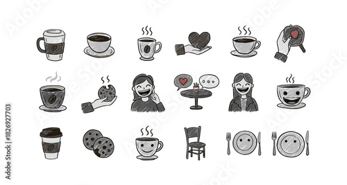 Hand-drawn coffee and snack doodles with smiling characters and heart icons