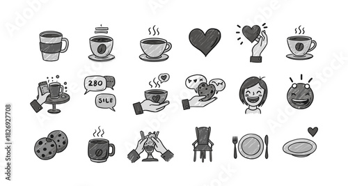 Hand drawn coffee and love doodles with hearts and cookies in black and white