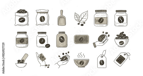 Diverse coffee elements set in contemporary linear style for cafes and shops