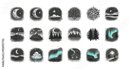 Monochrome nighttime landscapes with aurora and moon phases