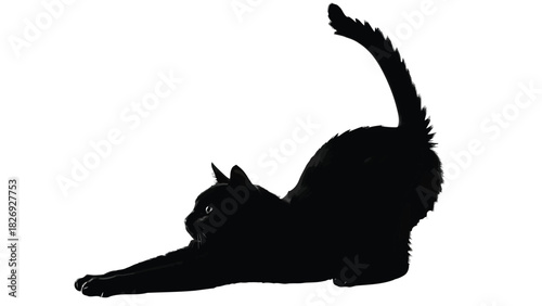 Silhouette of a sleek black cat stretching its body with tail raised high, dynamic pose illustration, minimalist vector art, isolated on white background