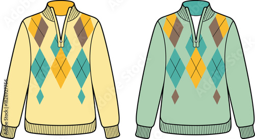 Argyle pattern sweaters, quarter zip knitwear, fashion flat sketch, winter clothing design, cad drawing flat vector illustration