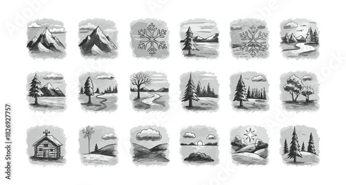 Monochrome nature icons set featuring landscapes with trees, mountains, and snowflakes in hand-drawn style