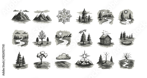 Monochrome nature icons set: mountains, trees, and rivers with rustic cabin and snowflake