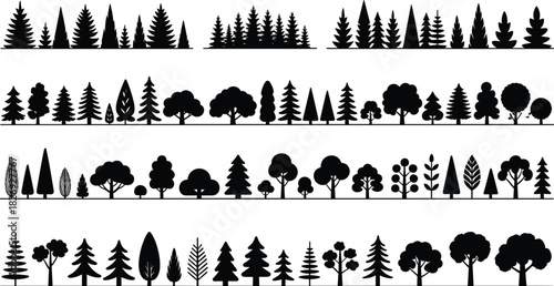 Silhouette forest tree collection featuring pine and leafy trees, nature landscape elements, botanical woodland illustration rows for outdoor scenery, environmental design artwork