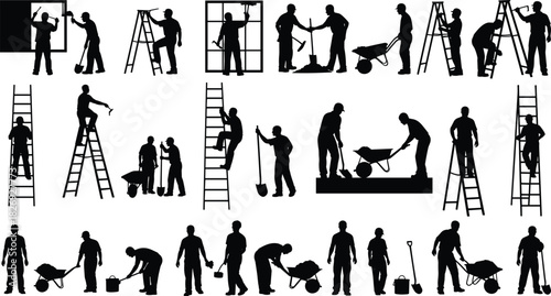 Silhouette construction workers using ladders, wheelbarrows, shovels and tools, teamwork labor scenes, building maintenance, repair tasks, industrial workforce illustration