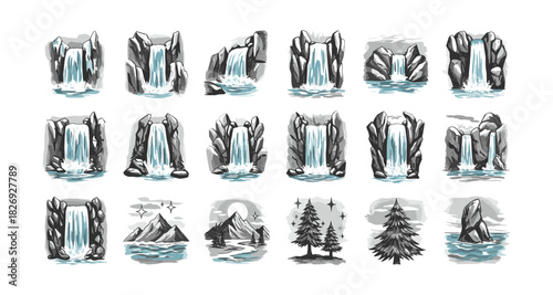 Monochrome waterfall and nature elements with graphic style and outdoor themes