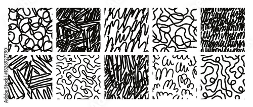 Abstract seamless patterns with hand drawn pen scribbles, bold wavy and curly doodle line background. Grunge black ink brush stroke squiggles, rough hatching texture, childish scribble vector pattern