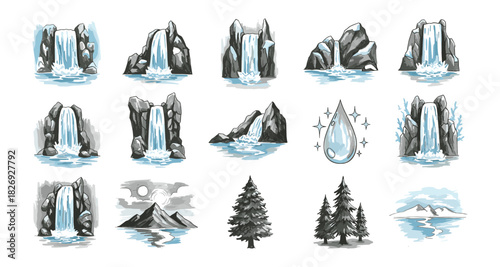 Collection of waterfall landscapes and natural elements in monochrome style