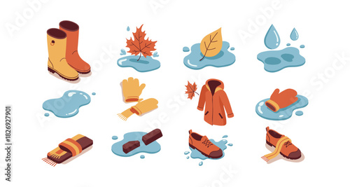 Stylish autumn clothing and accessories with water elements in isometric design