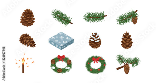 Festive pine elements and decorations for christmas designs