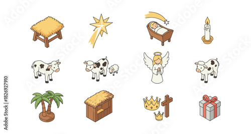 Isometric christmas nativity icons: manger, angel, cow, and star for festive designs