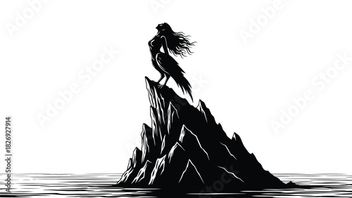 Mythical Harpy Woman with Long Wavy Hair Perched on Jagged Sea Rock Silhouette, Dramatic Ocean Scene, Black and White Vector Art, isolated on white background