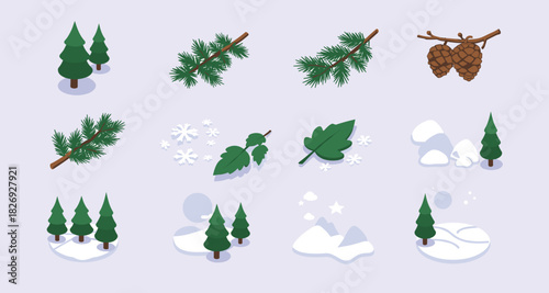 Winter nature elements set: snowy trees, pine cones, and seasonal foliage in isometric design
