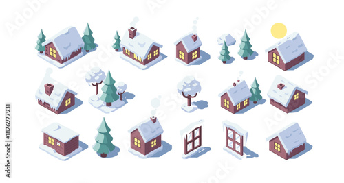 Isometric winter village scene with snow-covered houses and trees