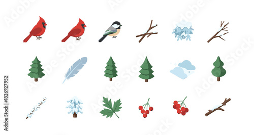 Winter birds and nature elements in flat design featuring trees and snow