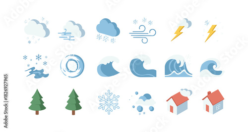 Weather icons set featuring clouds, snowflakes, wind, waves, and trees in flat design