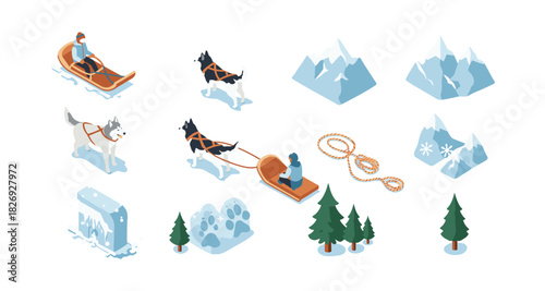 Isometric winter adventure: dog sledding and snowy landscapes