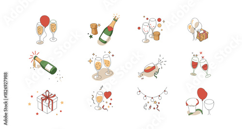 Festive champagne celebration icons: minimalist party design with bubbles and gifts