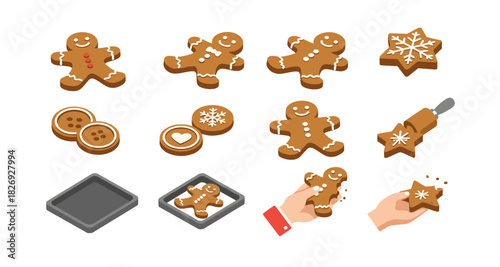 Gingerbread man cookie set with baking tools and decorations in isometric style
