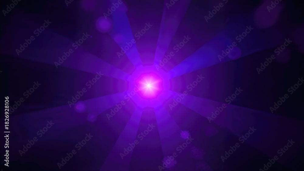Obraz premium Bright purple light radiates from the center with beams extending outward, creating a luminous glow and abstract starburst effect.