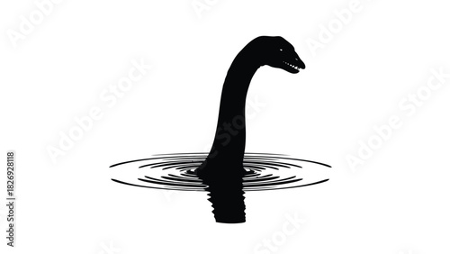 Black silhouette of Loch Ness Monster head and long neck emerging from water with clear ripples, minimalist vector art, mysterious creature icon, isolated on white background
