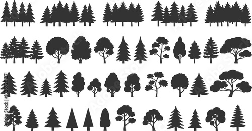 Silhouette forest tree collection featuring pine and leafy trees, nature landscape elements, botanical woodland illustration set for outdoor scenery and environmental designs