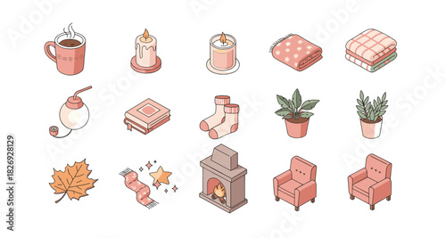 Cozy home essentials with autumn vibes in warm isometric style