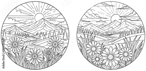 Line art illustration of a tranquil mountain landscape with sun, river, and daisies