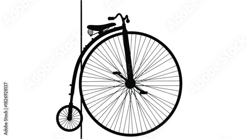 Black silhouette of vintage high wheel bicycle or penny farthing leaning against a vertical line, classic transportation icon, flat vector art design, isolated on white background