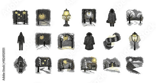 Cozy winter night scenes in hand-drawn style with trees and street lamps