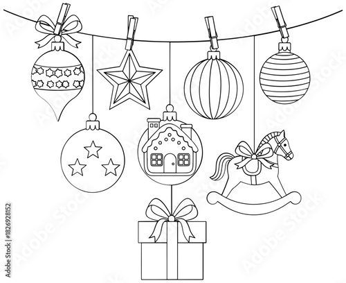 Line drawing of christmas ornaments and a gift box hanging on a string, festive holiday decoration