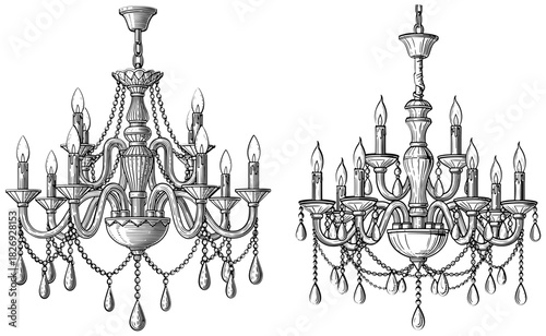 Vintage handdrawn illustration of two elegant chandeliers with multiple candles and decorative elements