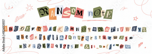 Colorful collage font, vintage newspaper cutout alphabet for ransom note. Grunge paper cut out letters and numbers, anonymous letter style typeface with hand drawn doodle elements vector illustration