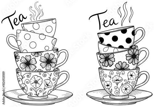Handdrawn black and white illustration of two decorative stacks of steaming teacups