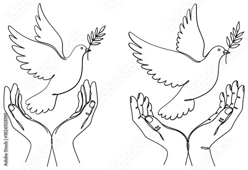 Outline drawing of hands releasing a dove with an olive branch, symbolizing peace and hope
