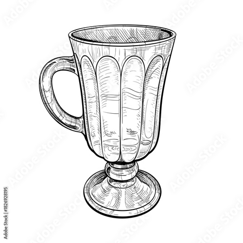 Irish coffee glass mug hand drawn sketch. Drinkware for hot beverages like coffee, latte, tea or mulled drinks. Vector black and white illustration in engraved style isolated on white background