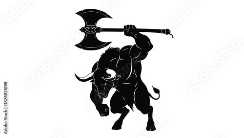 Muscular Black Minotaur Silhouette Raising Massive Double-Bladed Battle Axe Overhead, Fierce Fantasy Creature Mascot, Bold Vector Art Logo Design, isolated on white background