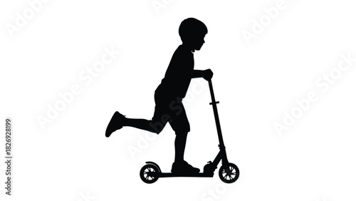 Silhouette of young boy wearing shorts and helmet actively riding a kick scooter, pushing off with one leg, clean vector graphic design, isolated on white background
