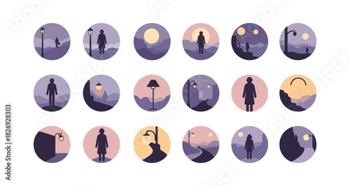 Minimalist night scenery with silhouetted figures in circular frames on mountain background
