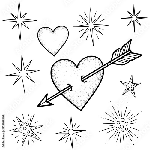 Handdrawn doodle set featuring hearts, one pierced by an arrow, and various starbursts