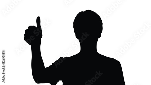 Silhouette of a young man in a t-shirt giving a clear thumbs up gesture, positive approval sign, simple black graphic illustration, flat vector style, isolated on white background