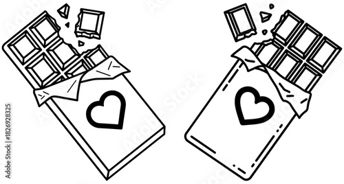 Black and white line art illustration of two chocolate bars with heart designs on their wrappers and broken pieces