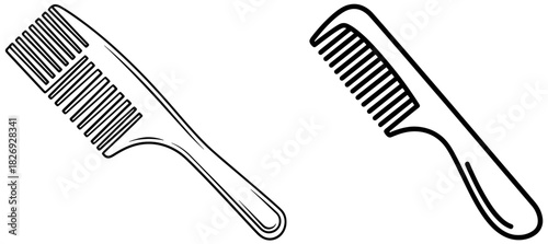 Two line art hair combs, featuring a widetooth comb and a standard finetooth comb, essential grooming tools