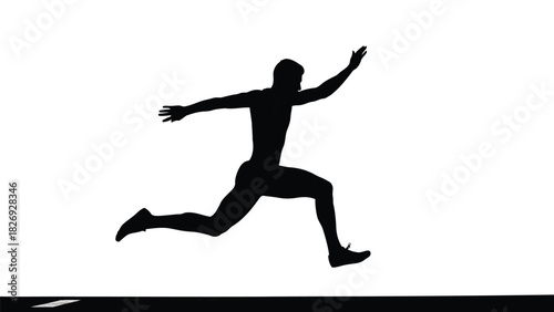 Silhouette of male athlete performing long jump takeoff with arms outstretched, dynamic sports action graphic, flat vector illustration, isolated on white background