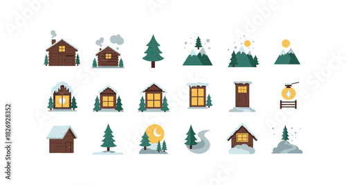 Cozy winter forest icons set with cabins, trees, mountains, and snow elements in flat design