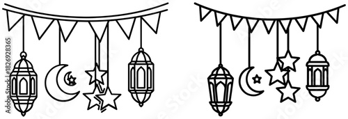 Outline illustration of islamic holiday decorations including hanging lanterns, crescent moons, stars, and pennant flags