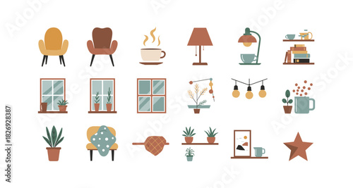 Cozy home décor elements in flat design style for interior inspiration
