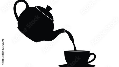 Black silhouette of a classic teapot pouring hot liquid stream into a small teacup and saucer, simple flat vector icon design, isolated on white background
